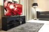 Mobile Sound Guarnieri model SLENDER. Cabinet suitable to host big size TV, 37-50, structure in lacquered MDF with black serigraphed tempered glass. Hidden cable passage.